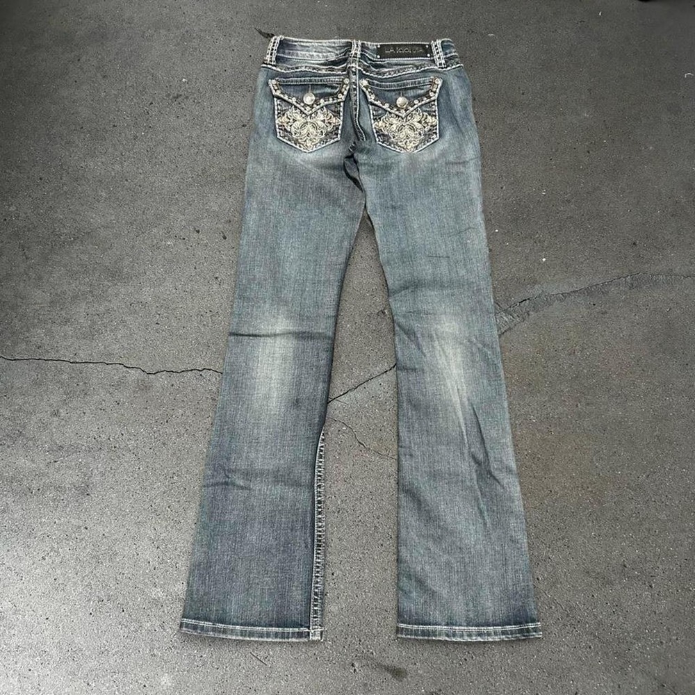Women's Y2K LA IDOL blue rhinestone grunge low rise bootcut jeans Size 5 26x32